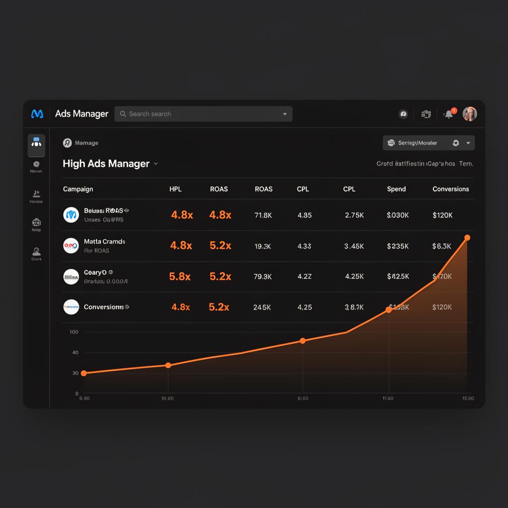 Meta Ads Manager dashboard with high ROAS campaigns